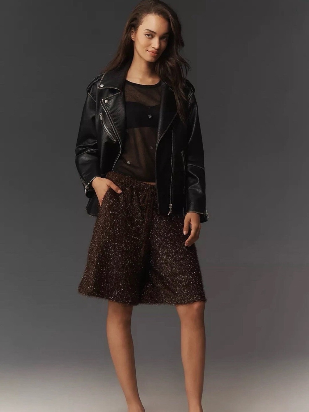 Anthropologie Maeve Brown Metallic Fuzzy Tinsel High-Ride Long Shorts Small NWT